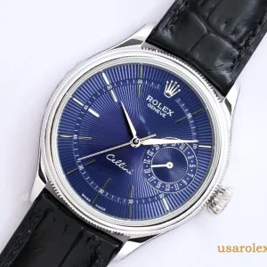 Rolex Cellini Replica Blue Dial Leather Strap Mens Swiss Automatic 1:1 Clone Watch