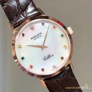 Rolex Cellini Replica Pearl Dial Brown Leather Strap Women Swiss Automatic 1:1 Clone Watch