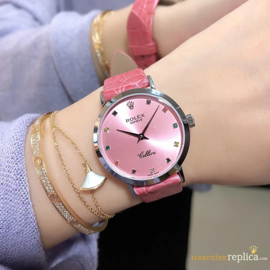 Rolex Cellini Replica Pink Dial Leather Strap Women Swiss Automatic 1:1 Clone Watch - Image 2