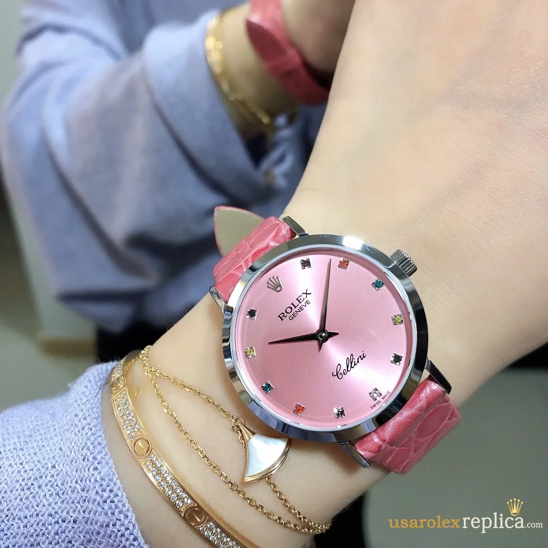 Rolex Cellini Replica Pink Dial Leather Strap Women Swiss Automatic 1:1 Clone Watch - Image 3