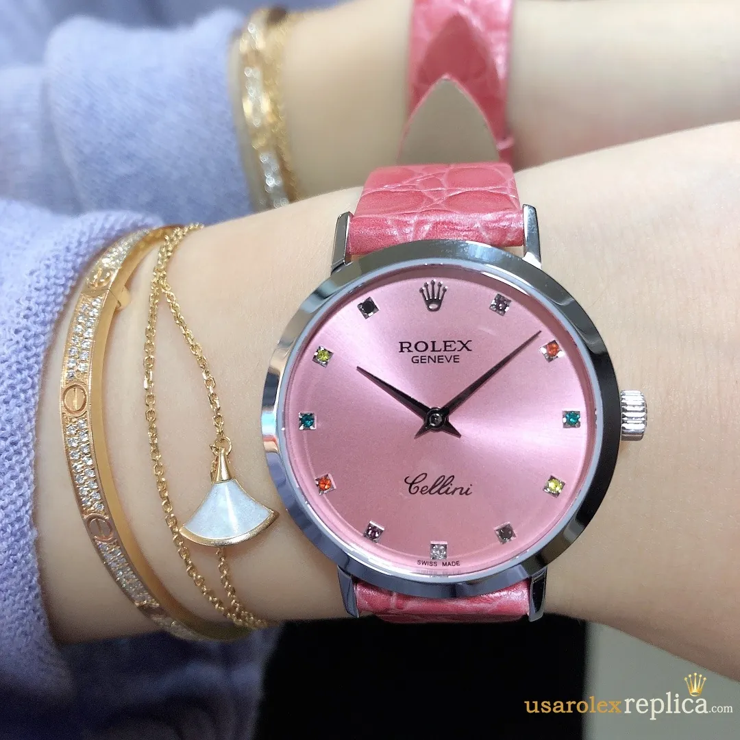Rolex Cellini Replica Pink Dial Leather Strap Women Swiss Automatic 1:1 Clone Watch - Image 4
