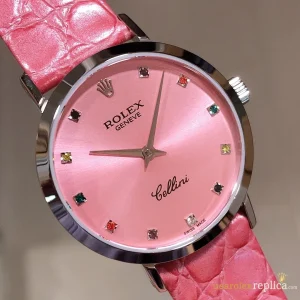 Rolex Cellini Replica Pink Dial Leather Strap Women Swiss Automatic 1:1 Clone Watch