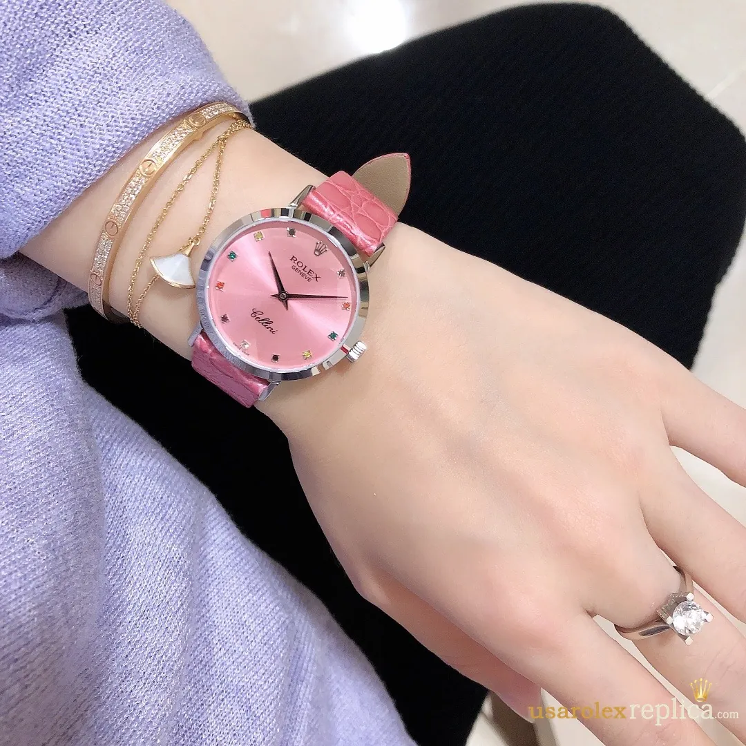 Rolex Cellini Replica Pink Dial Leather Strap Women Swiss Automatic 1:1 Clone Watch - Image 5