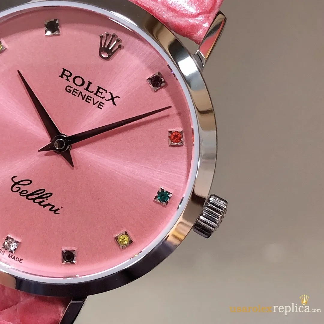 Rolex Cellini Replica Pink Dial Leather Strap Women Swiss Automatic 1:1 Clone Watch - Image 6