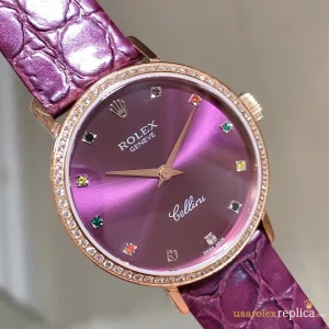 Rolex Cellini Replica Purple Dial Leather Strap Women Swiss Automatic 1:1 Clone Watch