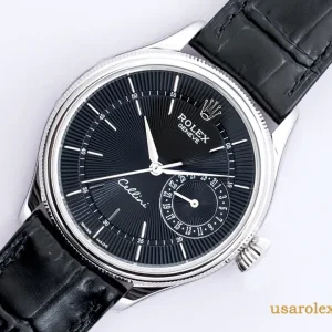 Rolex Cellini Replica Black Dial Leather Strap Mens Swiss Automatic 1:1 Clone Watch