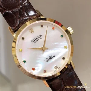Rolex Cellini Replica Gold Leather Women Swiss Automatic 1:1 Clone Watch
