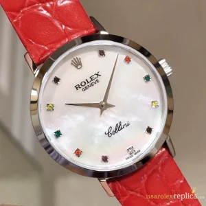 Rolex Cellini Replica White Dial Red Leather Strap Women Swiss Automatic 1:1 Clone Watch