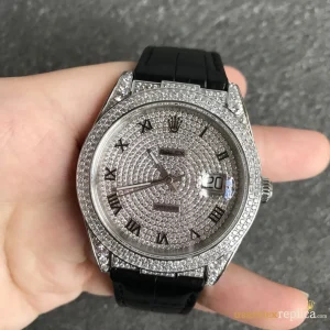 Rolex Datejust Replica Diamond Dial Leather Strap Men's Swiss Automatic 1:1 Clone Watch