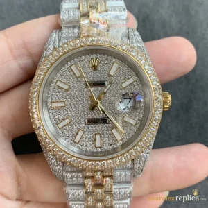 Rolex Datejust Replica Diamond Bezel and Dial Metal Bracelet Men Swiss Automatic 1:1 Clone Watch