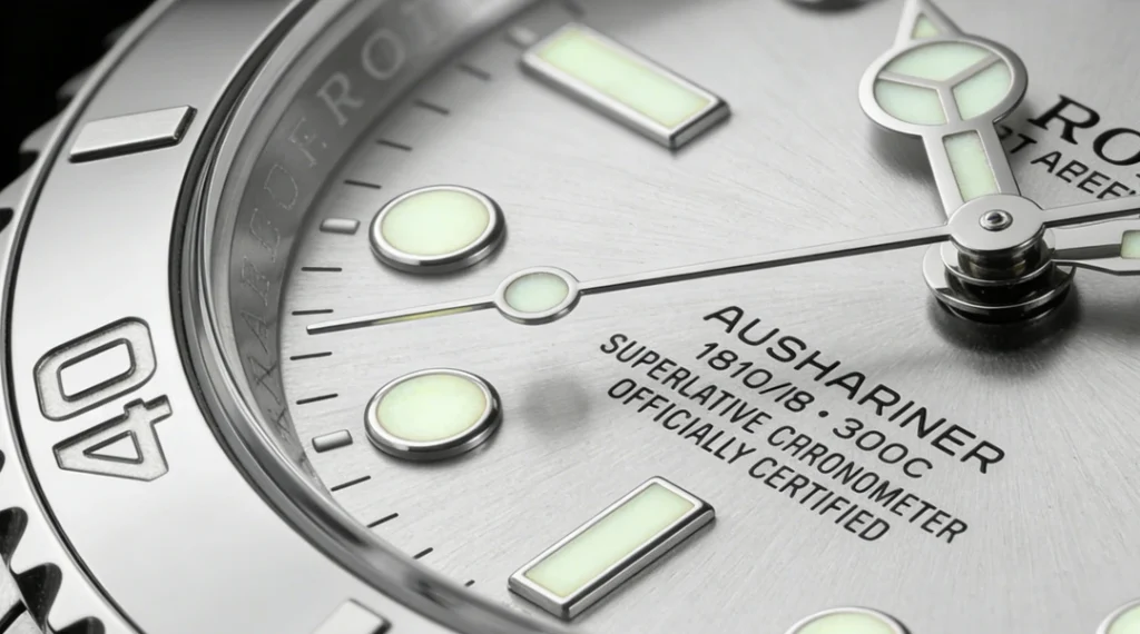 Close-up detail of rolex replica watch dial showing markers and bezel craftsmanship